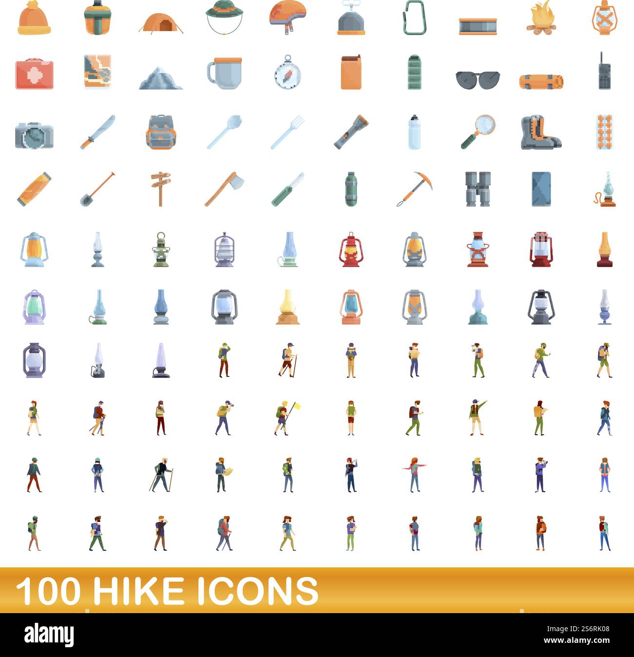 ensemble de 100 icônes de randonnée. Illustration de dessin animé de 100 icônes de randonnée ensemble de vecteur isolé sur fond blanc. 100 icônes de randonnée ensemble, style de dessin animé Illustration de Vecteur