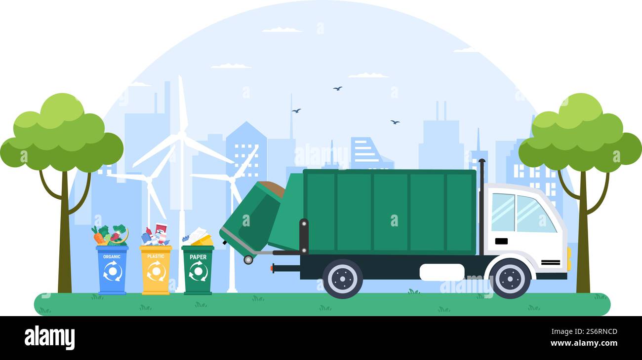 Recyclage processus écologique illustration plate fond avec déchets organiques, papier ou plastique ramassés sur un camion et amenés à brûler Illustration de Vecteur
