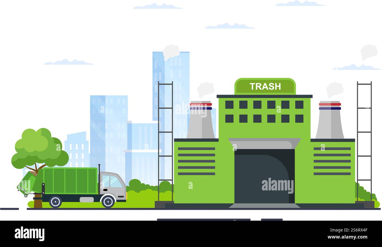 Recyclage processus écologique illustration plate fond avec déchets organiques, papier ou plastique ramassés sur un camion et amenés à brûler Illustration de Vecteur