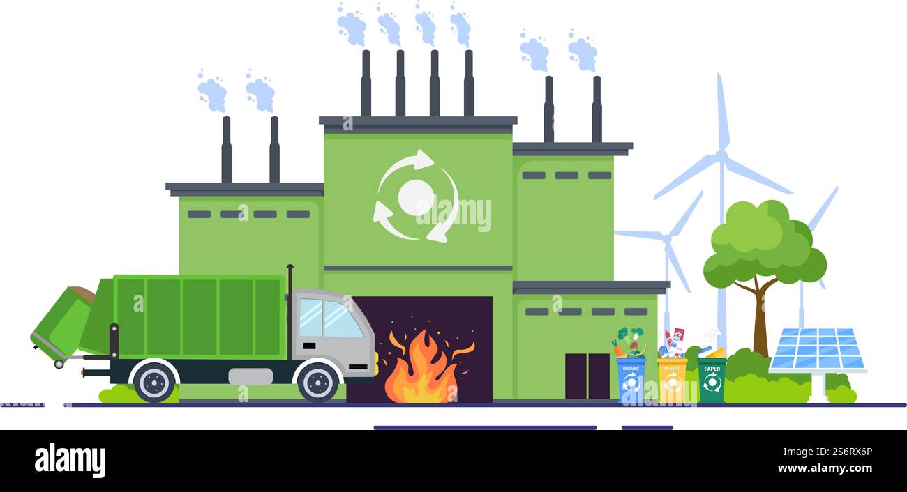 Recyclage processus écologique illustration plate fond avec déchets organiques, papier ou plastique ramassés sur un camion et amenés à brûler Illustration de Vecteur