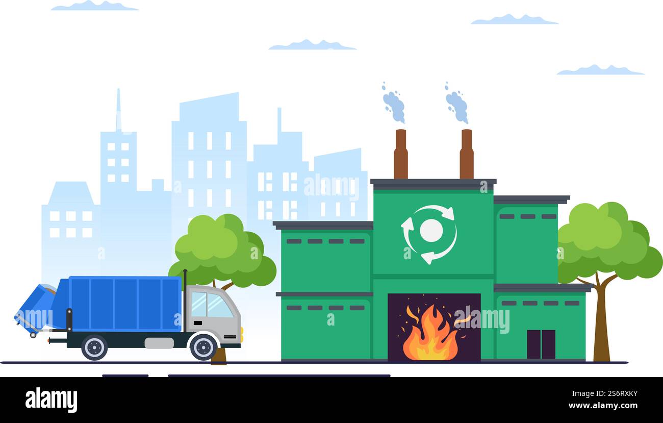 Recyclage processus écologique illustration plate fond avec déchets organiques, papier ou plastique ramassés sur un camion et amenés à brûler Illustration de Vecteur