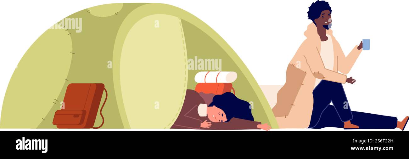 Personnages de réfugiés de dessins animés. Problèmes de sans-abri, pauvre femme et homme vivent dans la tente. Panhandle masculin, concept de vecteur de sommeil féminin de charité ou de dons. Illustration réfugié personnage isolé. Personnages de réfugiés de dessins animés. Problèmes de sans-abri, pauvre femme et homme vivent dans la tente. Panhandle masculin, concept de vecteur de sommeil féminin de charité ou de dons Illustration de Vecteur