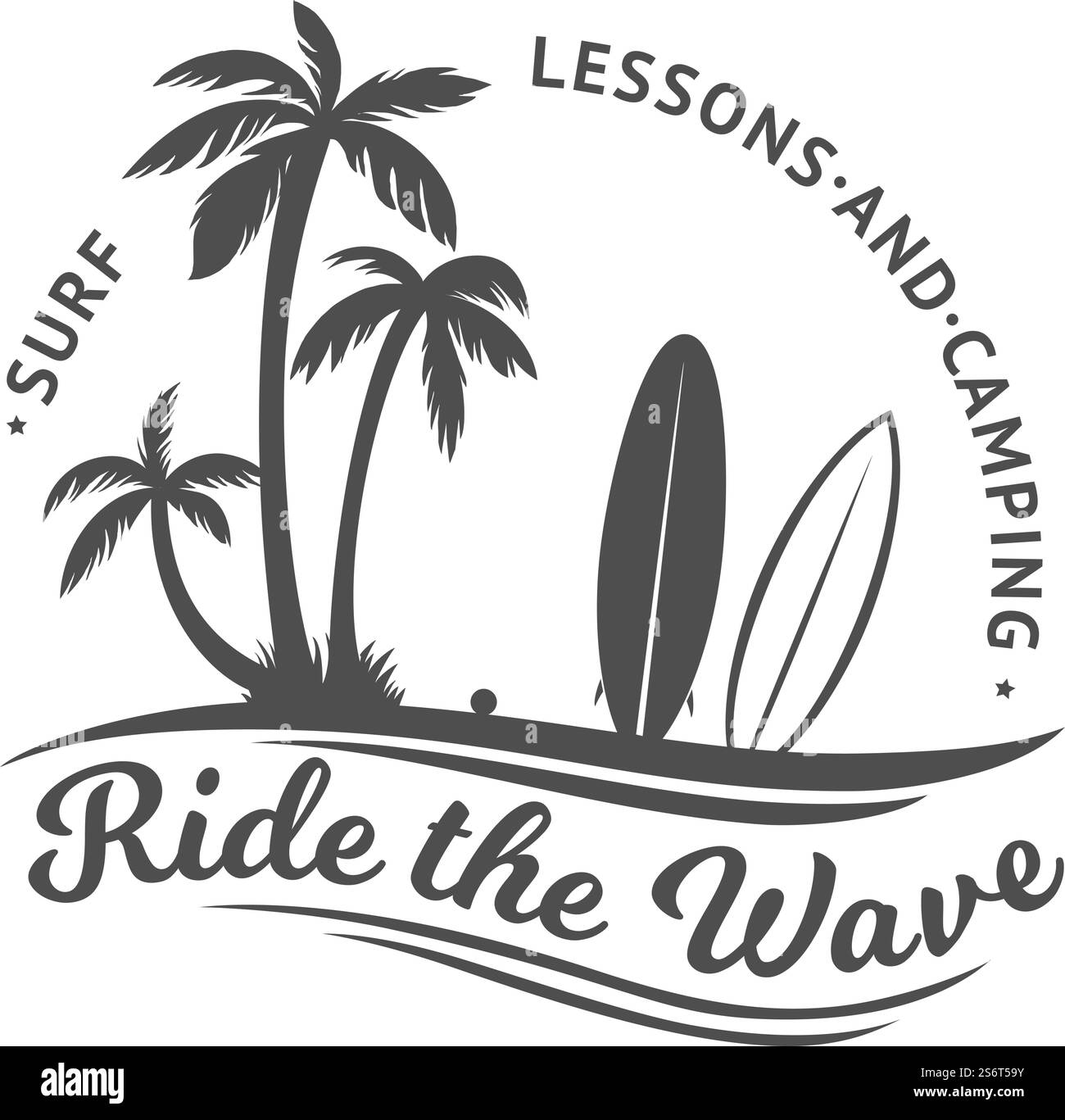Étiquette du club de surf. Conception de badge pour surf camping avec planches et palmiers. Logotype vecteur de relaxation sportive saisonnière isolé. Illustration étiquette de planche de surf, silhouette de sport de mer surf. Étiquette du club de surf. Conception de badge pour surf camping avec planches et palmiers. Logotype vecteur de relaxation sportive saisonnière isolé Illustration de Vecteur