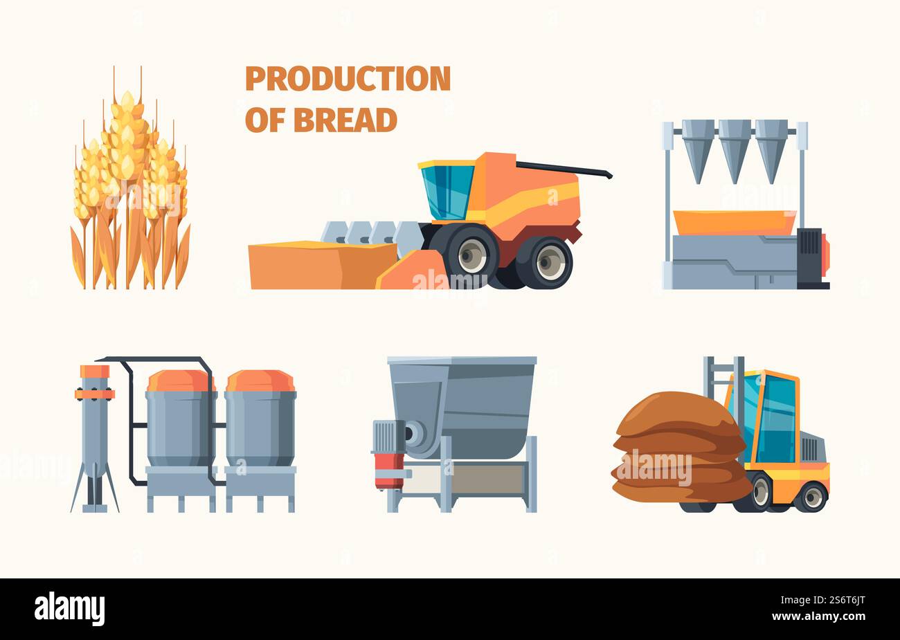 Récolte du blé. Production de pain industrie de boulangerie nourriture savoureuse à partir de semences de céréales machines agricoles et marchés de détail GARISH vecteur plat infographie. Illustration équipement machine récolteuse, moissonneuse-batteuse ferme. Récolte du blé. Production de pain industrie de boulangerie nourriture savoureuse à partir de semences de céréales machines agricoles et marchés de détail GARISH vecteur plat infographie Illustration de Vecteur