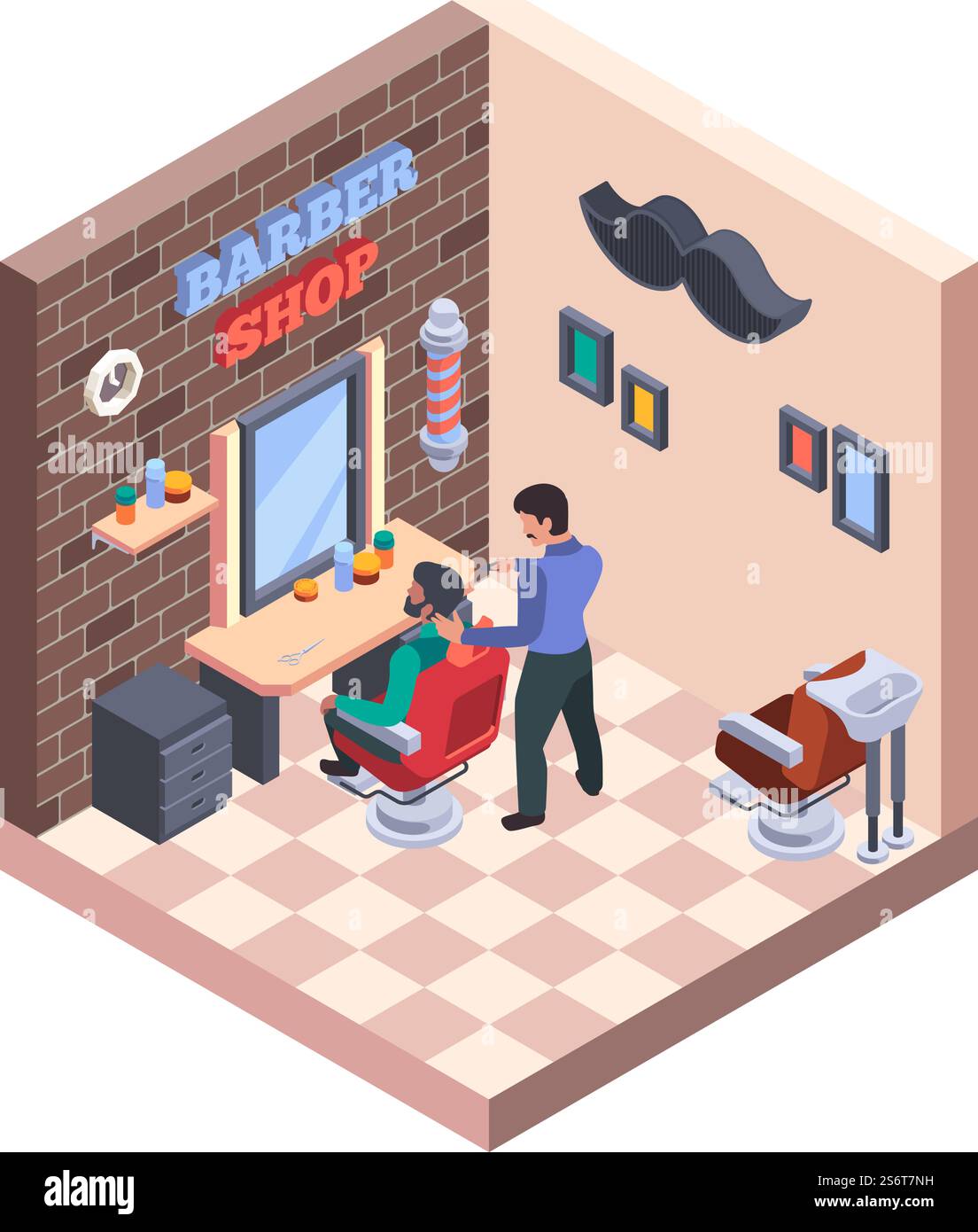 Intérieur de salon de coiffure. Coiffure salle élégante avec chaises et lavabos professionnel rasoir professionnel de brosse à cheveux vecteur de barbershop illustration isométrique. Coiffeur et coupe de cheveux, intérieur de salon de coiffure. Intérieur de salon de coiffure. Coiffure salle élégante avec chaises et lavabos articles de travailleurs professionnels rasoir brosse à cheveux Garish vecteur Barbershop illustration isométrique Illustration de Vecteur