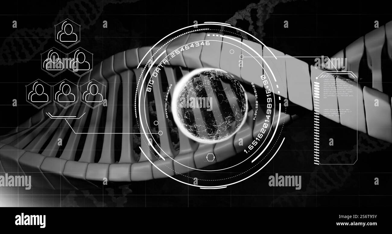 Image de brin d'adn, icônes de personnes et traitement de données Banque D'Images