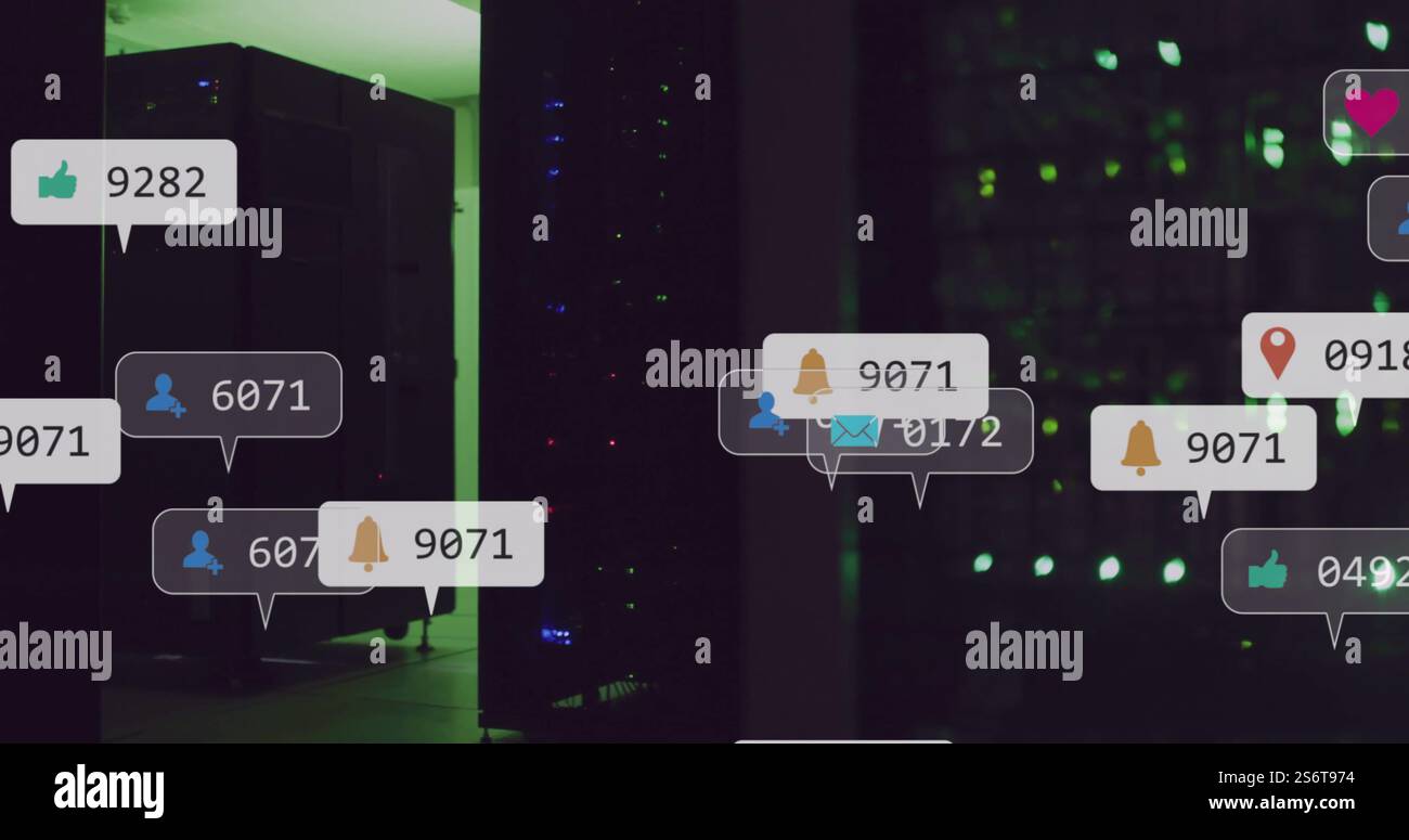 Image d'icônes numériques et de traitement de données sur des serveurs informatiques Banque D'Images