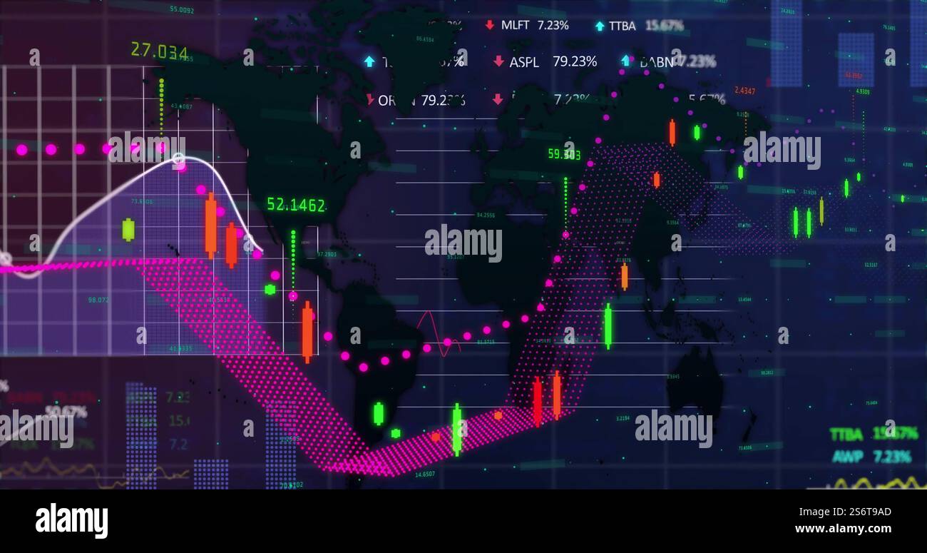 Image du traitement des données financières sur la carte du monde Banque D'Images