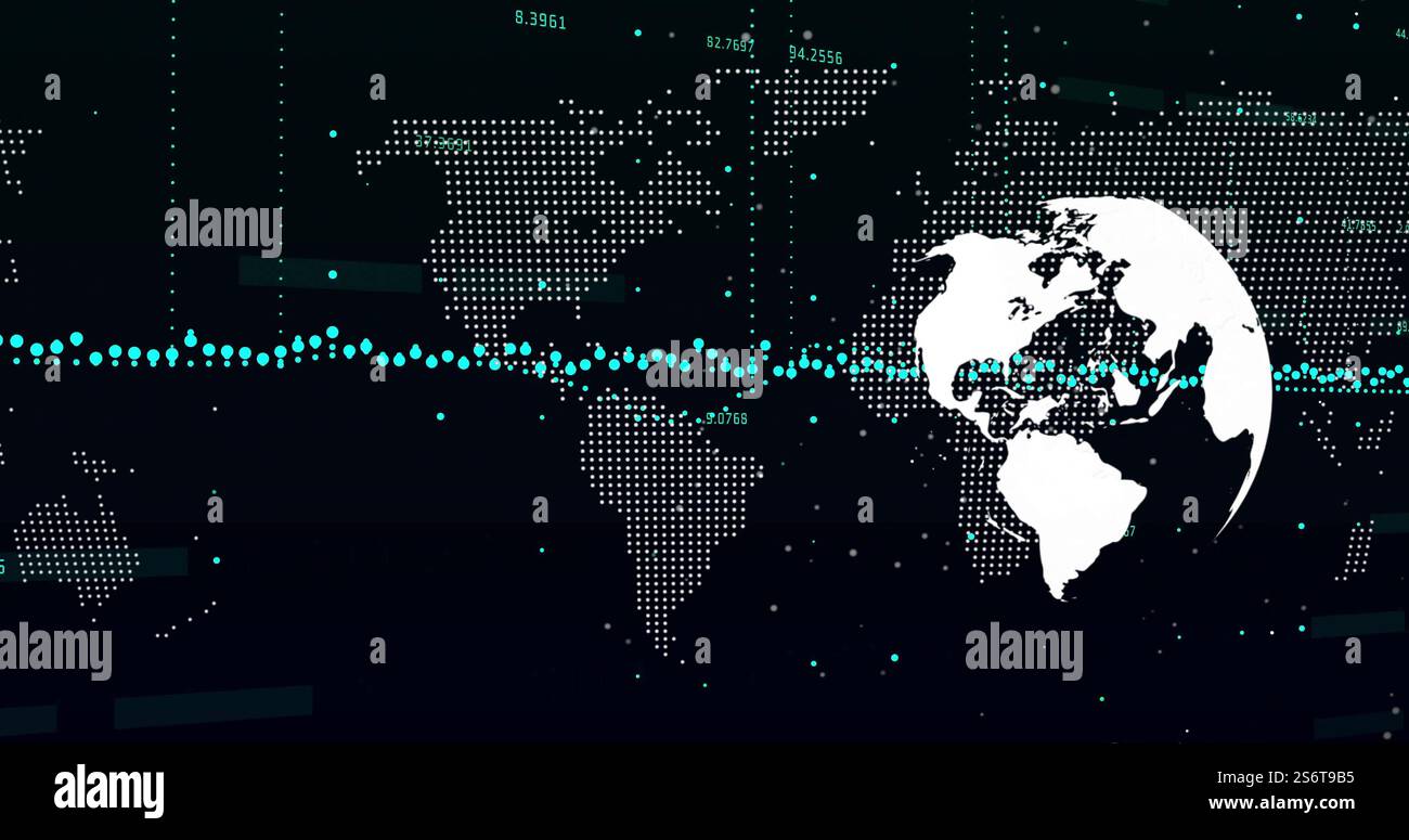 Image du traitement des données financières sur le globe et la carte du monde Banque D'Images