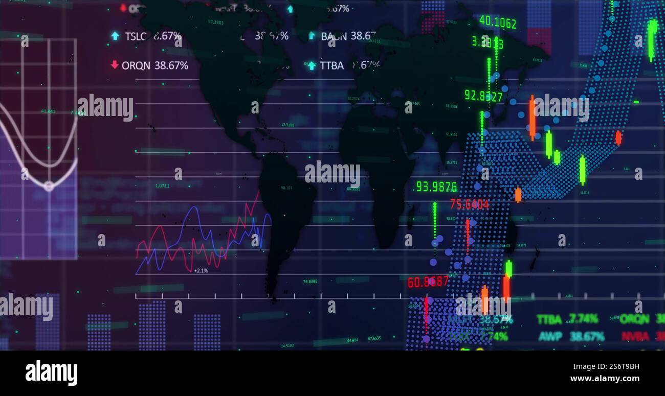 Image du traitement des données financières sur la carte du monde Banque D'Images