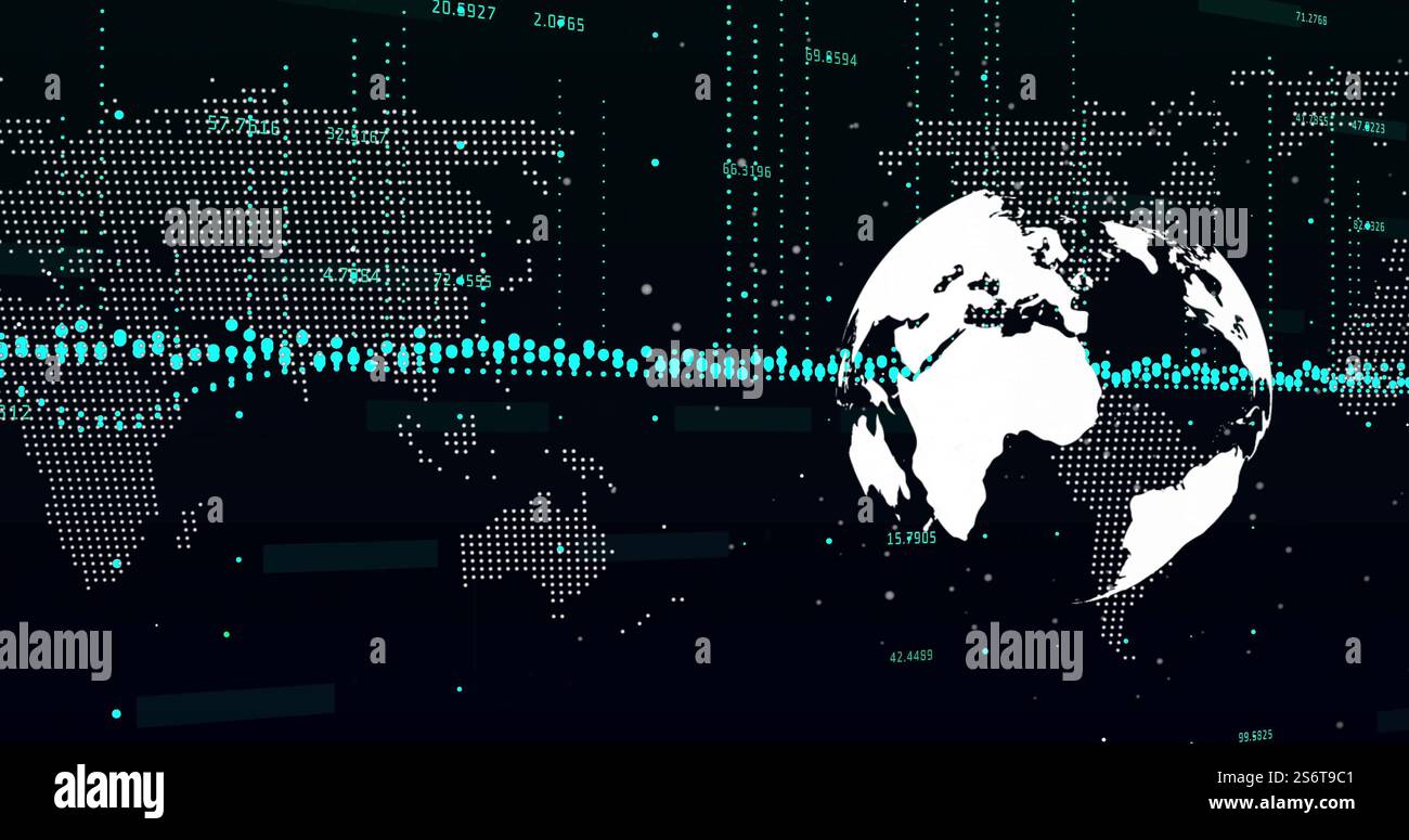 Image du traitement des données financières sur le globe et la carte du monde Banque D'Images