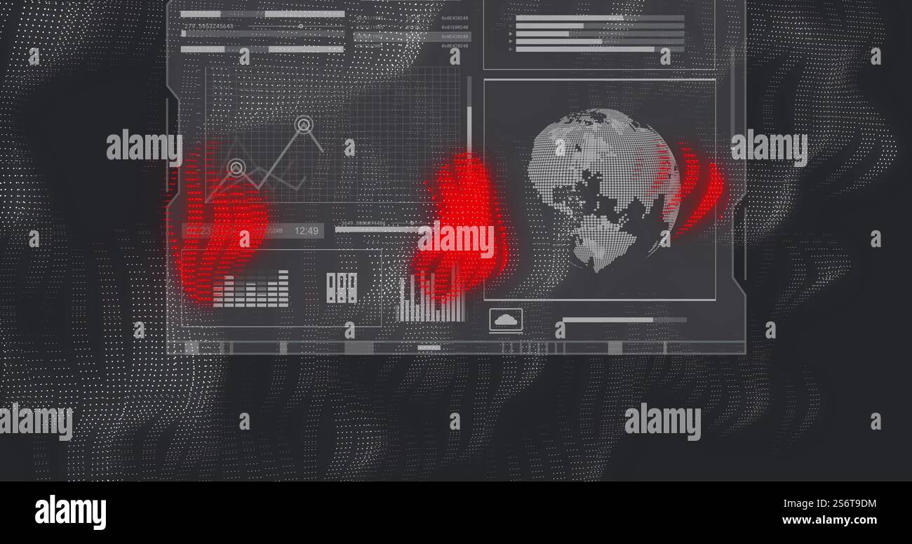 Empreintes rouges et image globale de traitement des données sur interface numérique Banque D'Images
