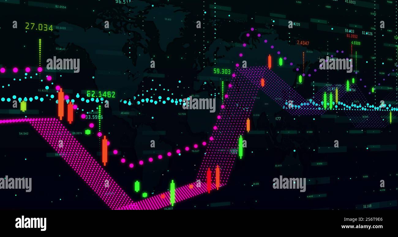 Image du traitement des données financières sur la carte du monde Banque D'Images