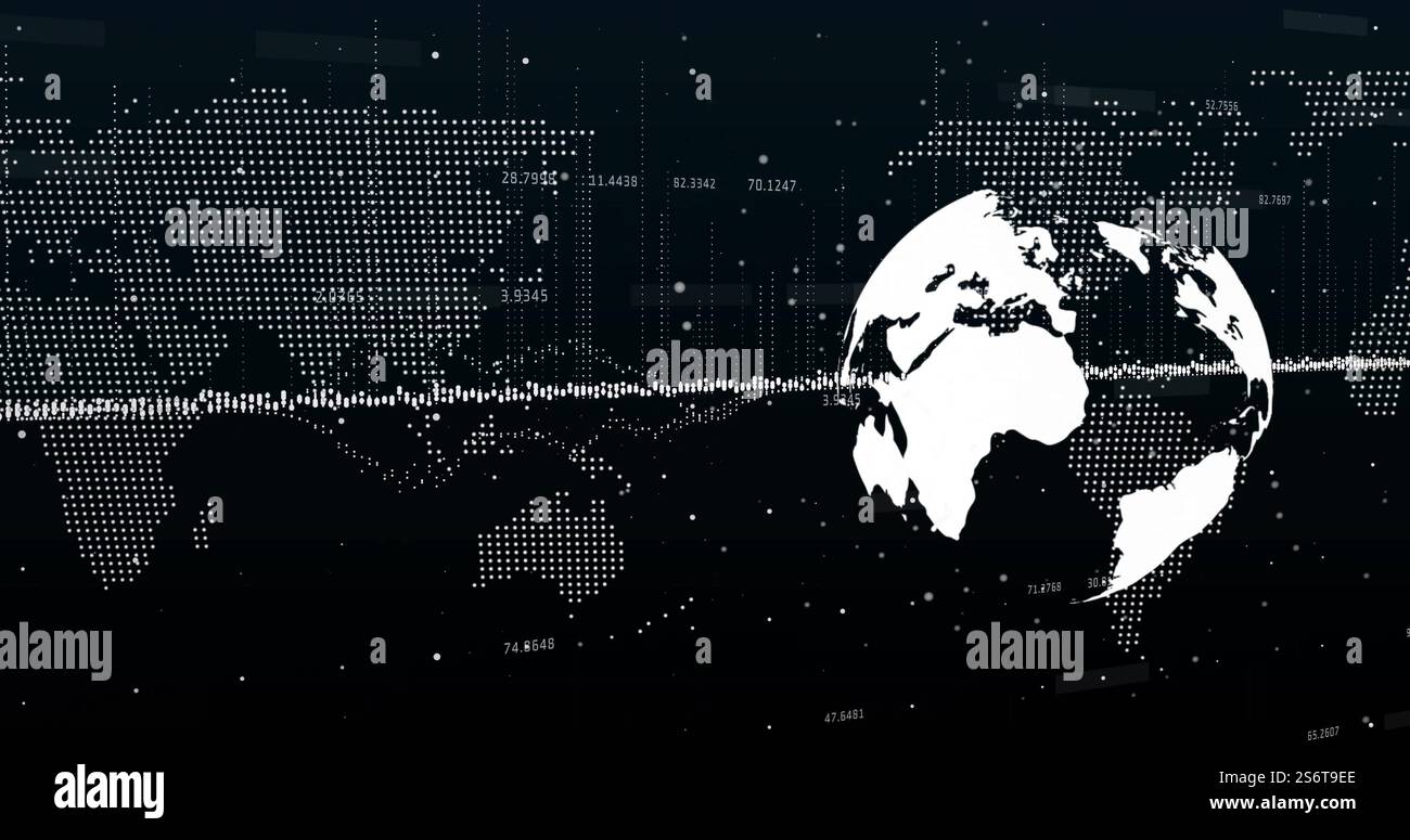 Image du traitement des données financières sur le globe et la carte du monde Banque D'Images
