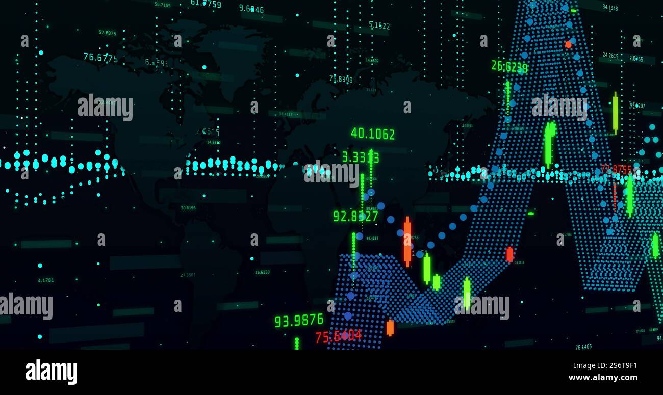 Image du traitement des données financières sur la carte du monde Banque D'Images