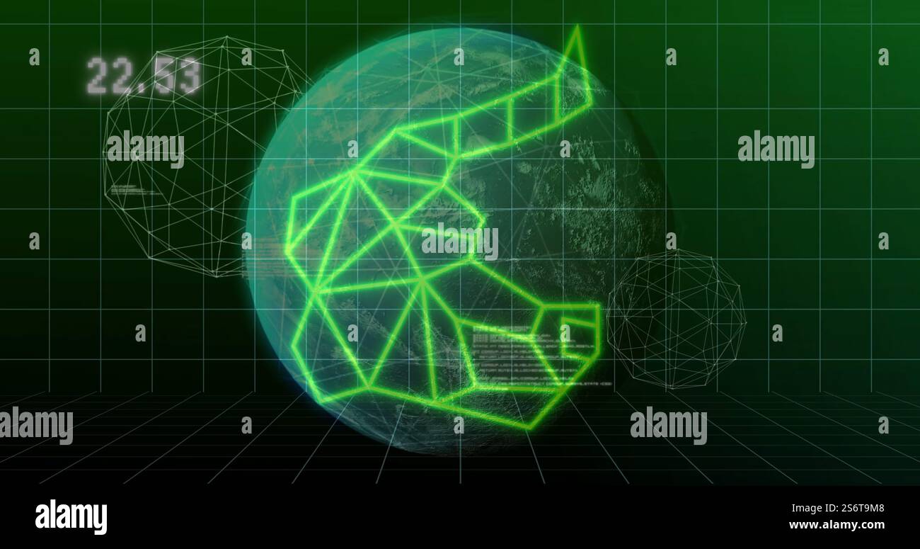 Image du traitement de données numériques sur le globe sur fond noir Banque D'Images