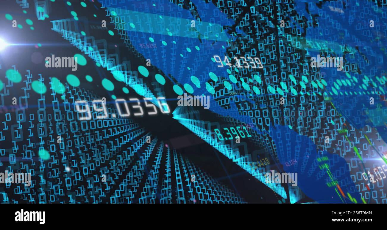 Image du traitement des données avec carte du monde sur fond noir Banque D'Images