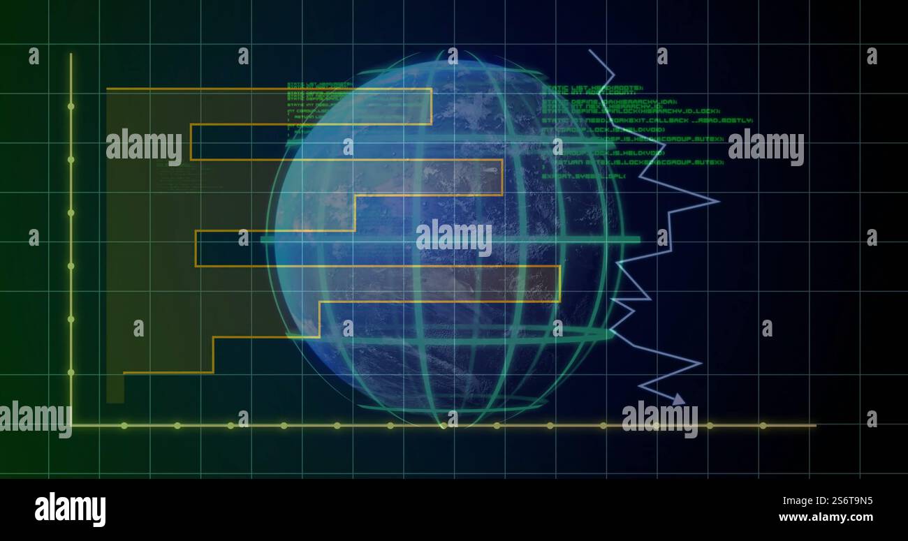 Image du traitement de données numériques sur le globe sur fond noir Banque D'Images
