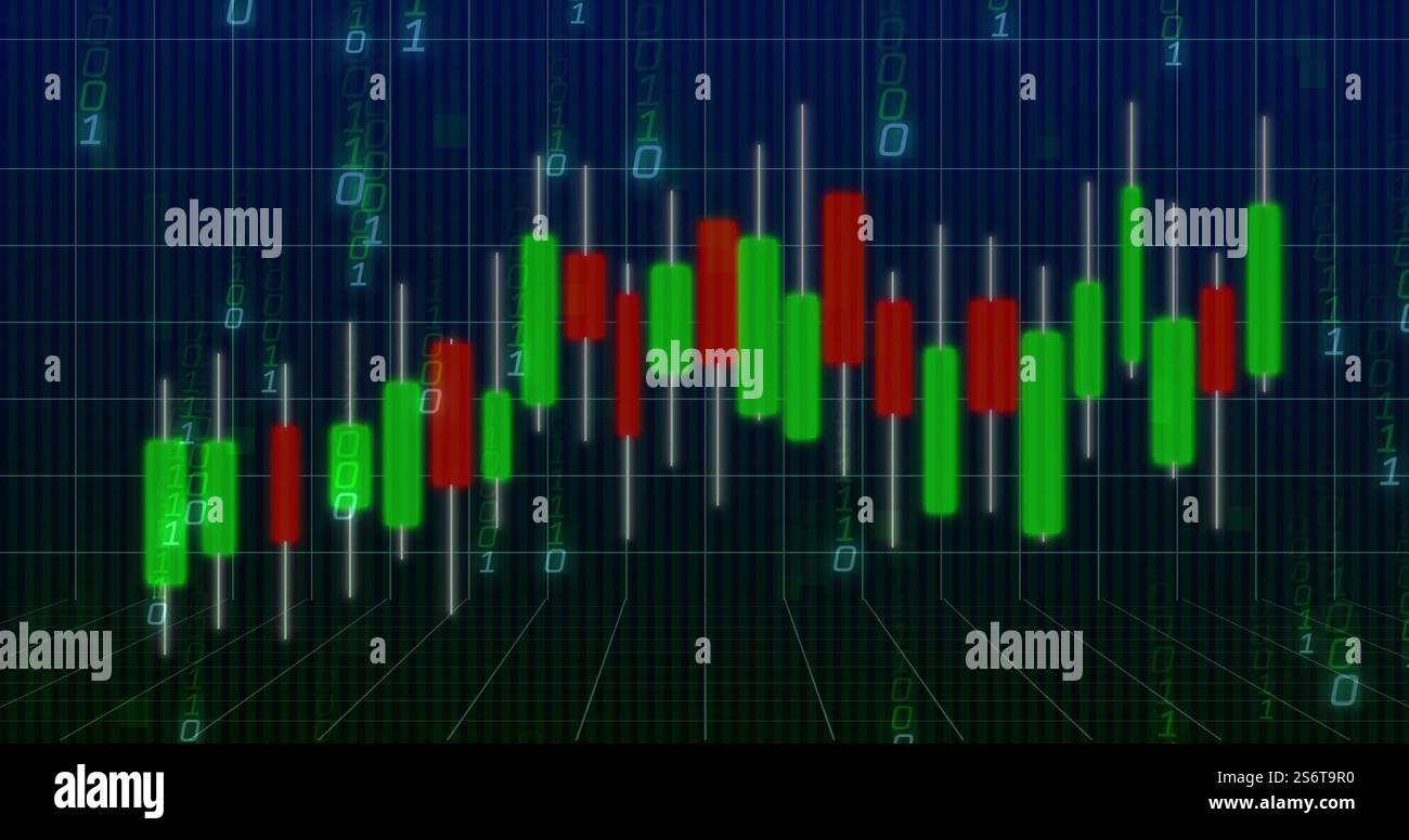 Image du traitement des données financières et du codage binaire sur fond noir Banque D'Images