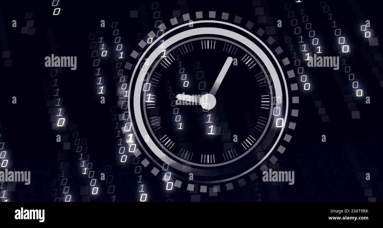 Image de l'horloge en mouvement sur le traitement des données sur fond noir Banque D'Images
