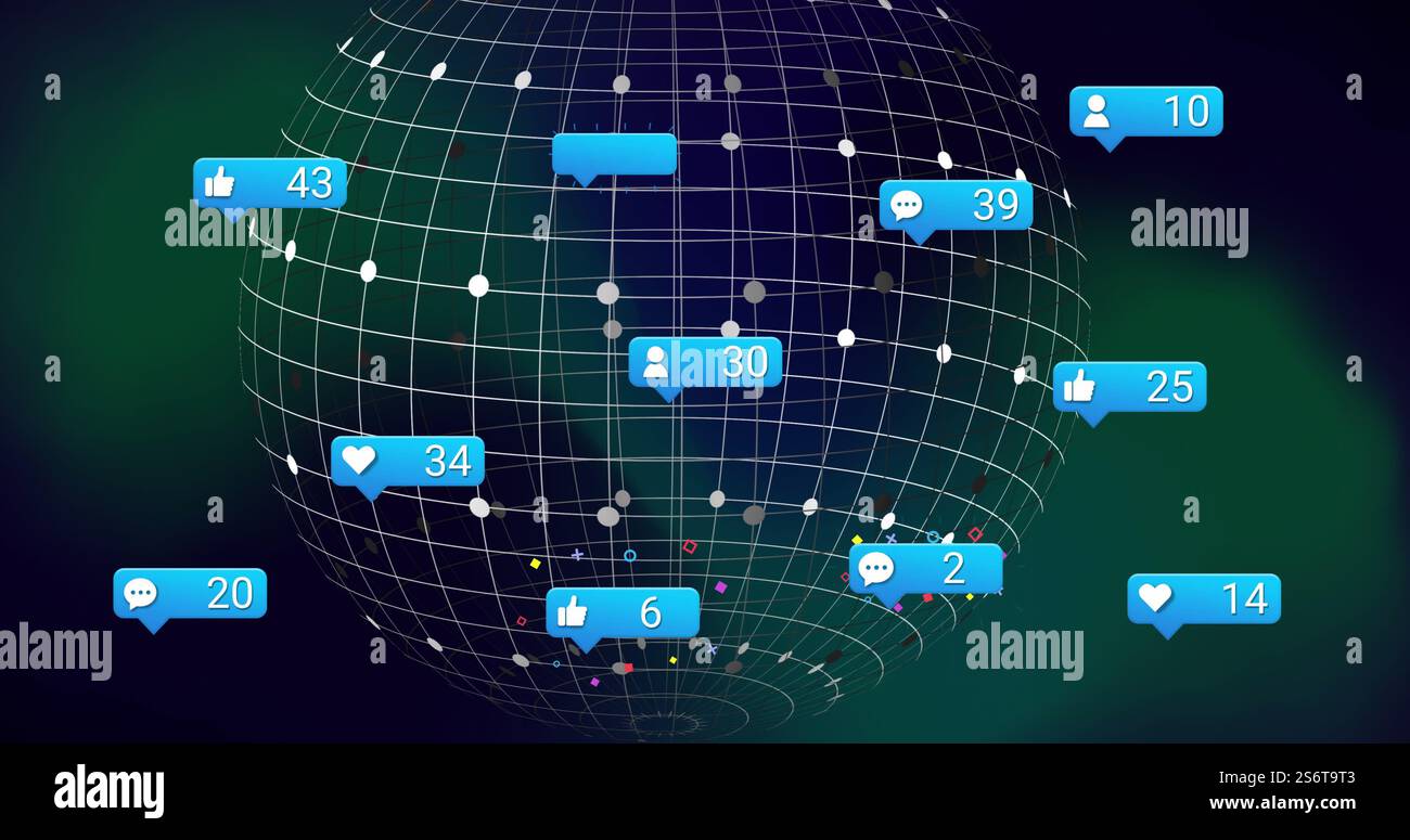 Image des icônes de médias sociaux avec des chiffres et le traitement des données dans le monde entier Banque D'Images