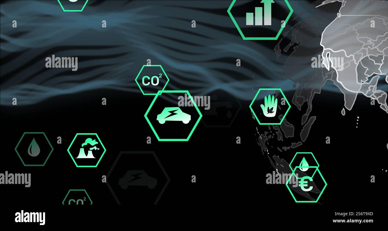 Image des icônes écologiques et du traitement des données dans le monde entier Banque D'Images