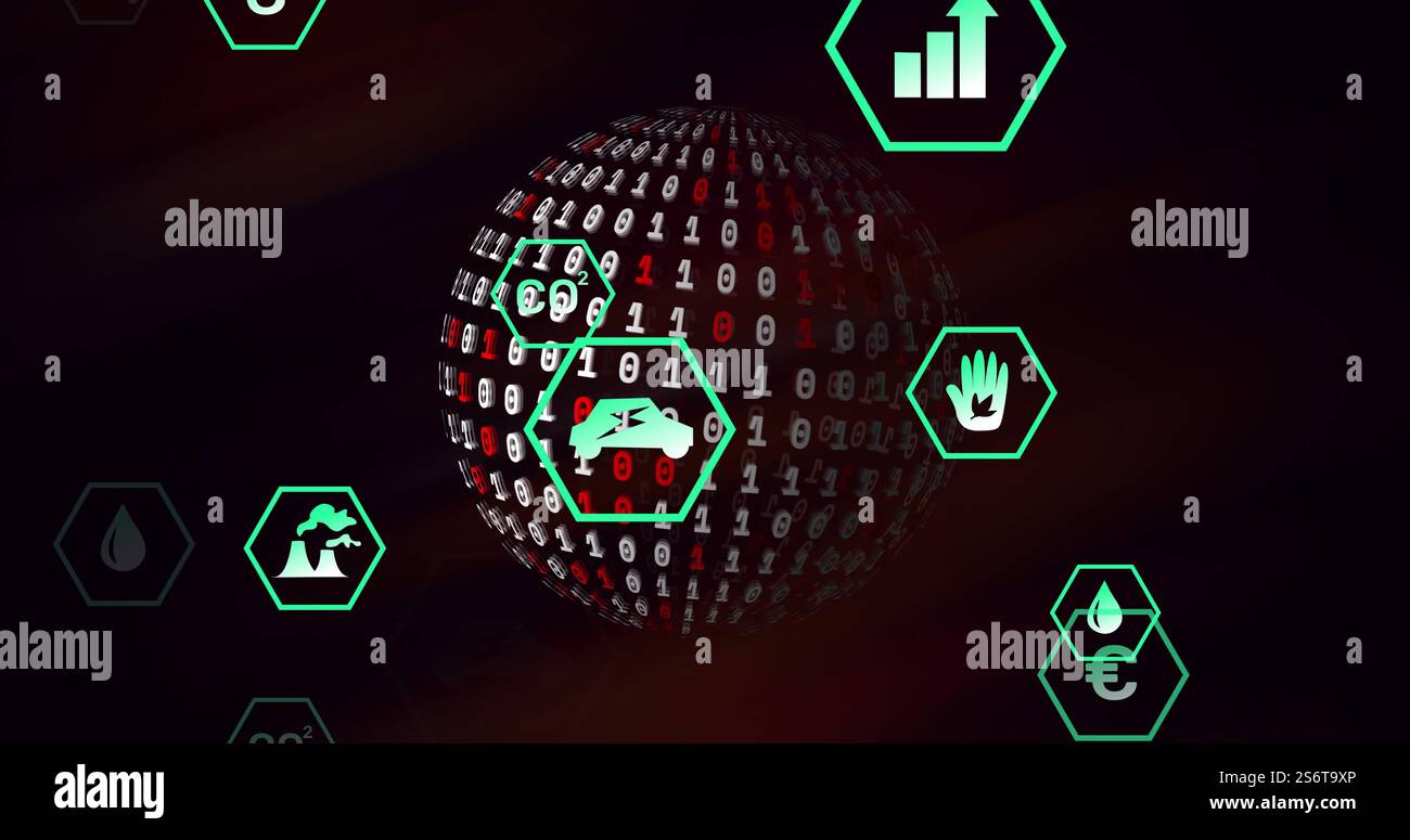 Image d'icônes écologiques avec codage binaire et traitement des données sur le globe Banque D'Images