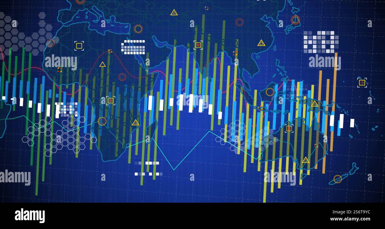 Image du traitement des données sur la carte du monde sur fond bleu Banque D'Images