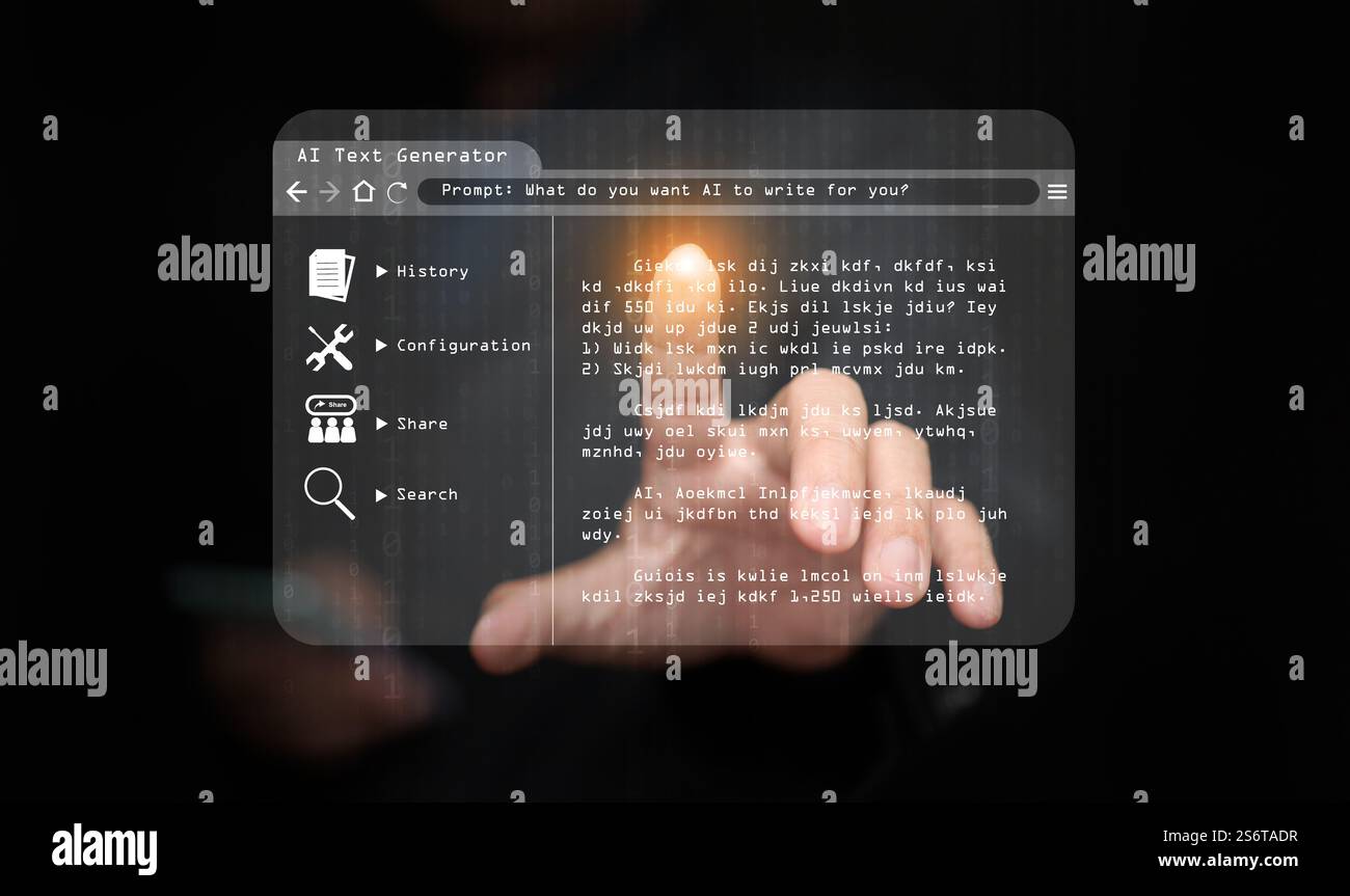 Concept de générateur de texte IA : un homme utilise l'IA, l'intelligence artificielle, pour générer du texte et aider à écrire du contenu Banque D'Images
