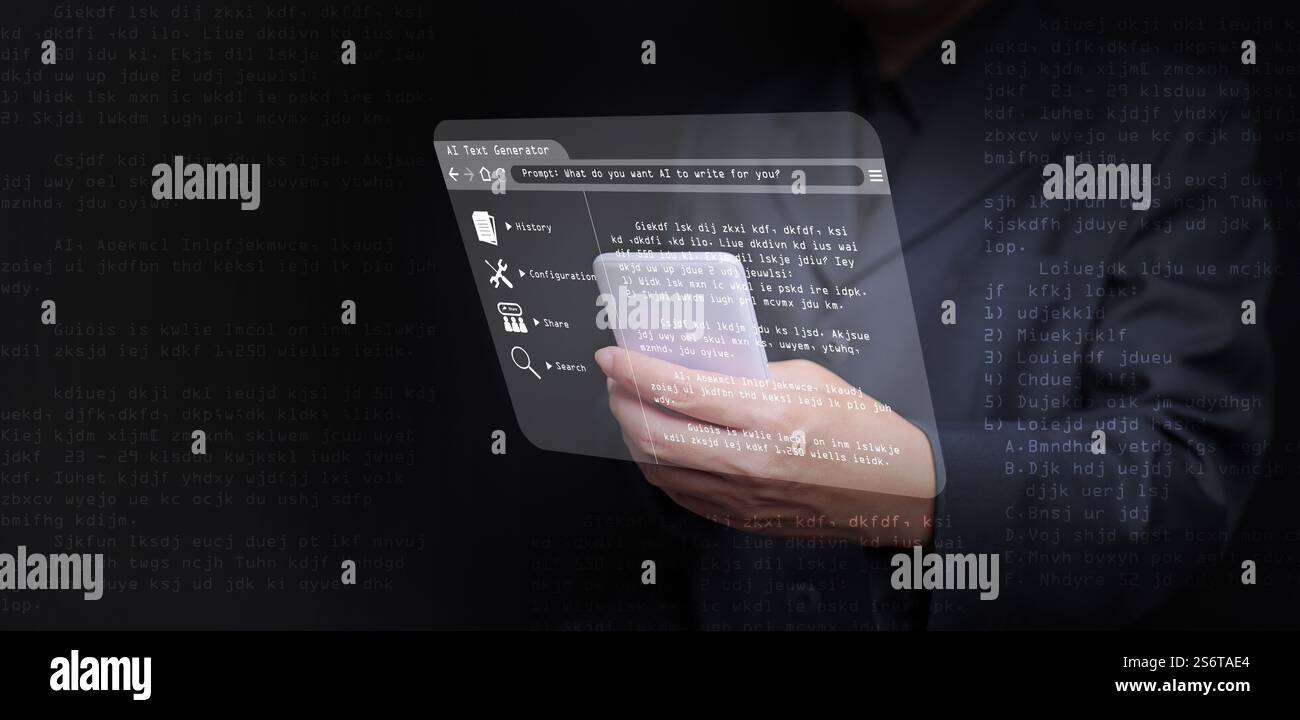 Concept de générateur de texte IA : un homme utilise l'IA, l'intelligence artificielle, sur son smartphone pour générer du texte et l'aider à écrire du contenu Banque D'Images