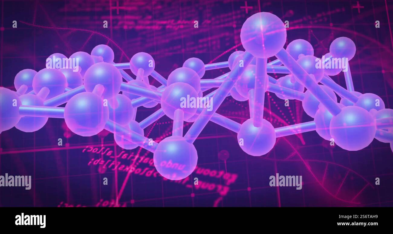 Image d'un réseau de connexions avec des molécules sur le traitement de données sur fond noir Banque D'Images