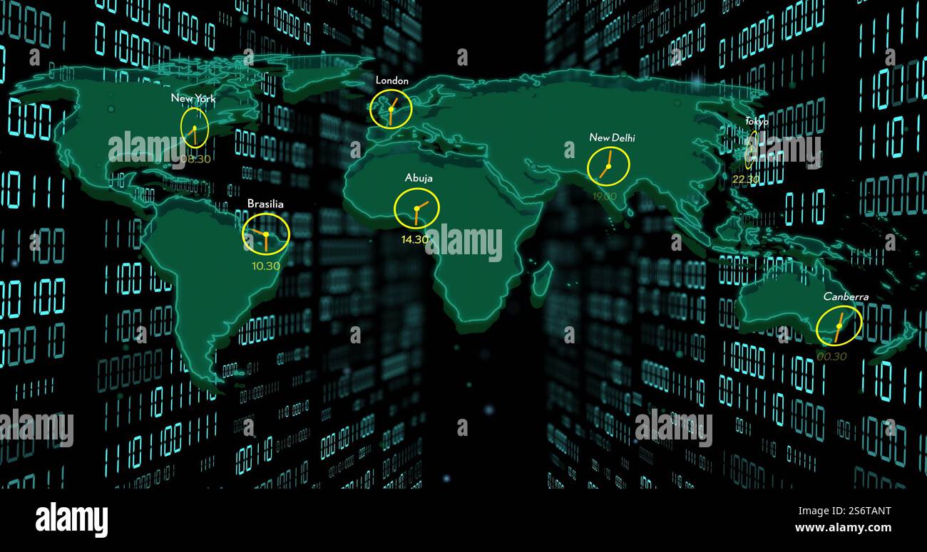 Carte du monde avec l'image des heures de la ville sur fond de code binaire Banque D'Images