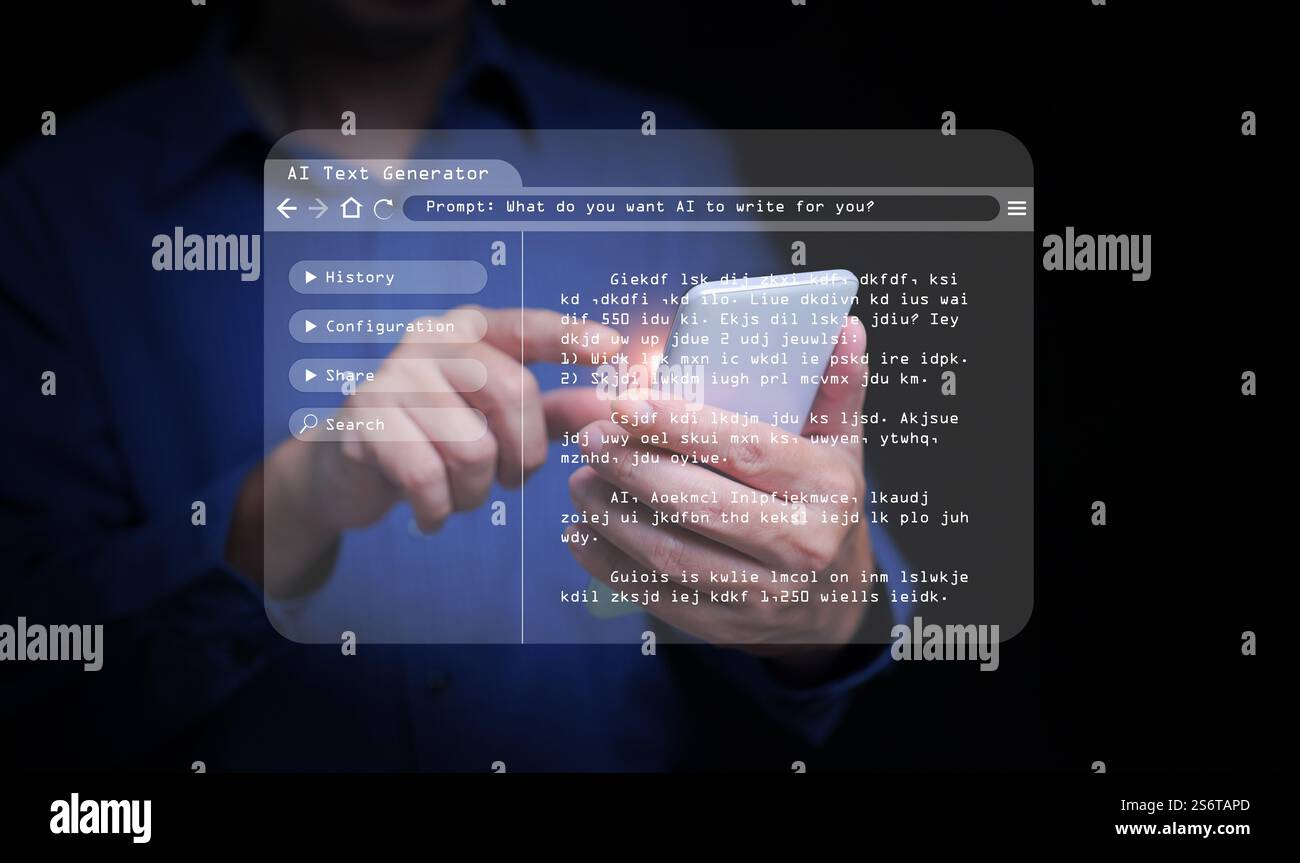 Concept de générateur de texte IA : un homme utilise l'IA, l'intelligence artificielle, sur son smartphone pour générer du texte et l'aider à écrire du contenu Banque D'Images