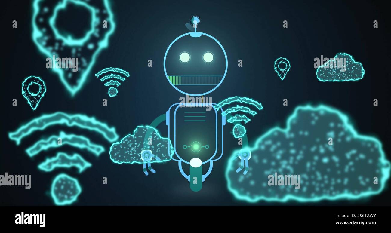 Robot avec des yeux brillants et des icônes de nuage, image de technologie futuriste Banque D'Images