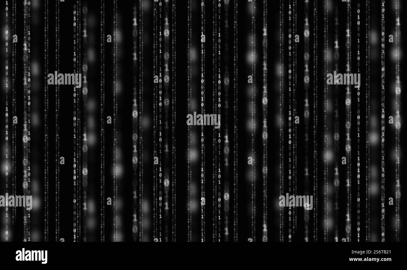 Arrière-plans de code binaire, une séquence de zéro et un chiffre sur un fond noir et blanc. Numéros de la matrice informatique. Le concept de codage, cyb Banque D'Images