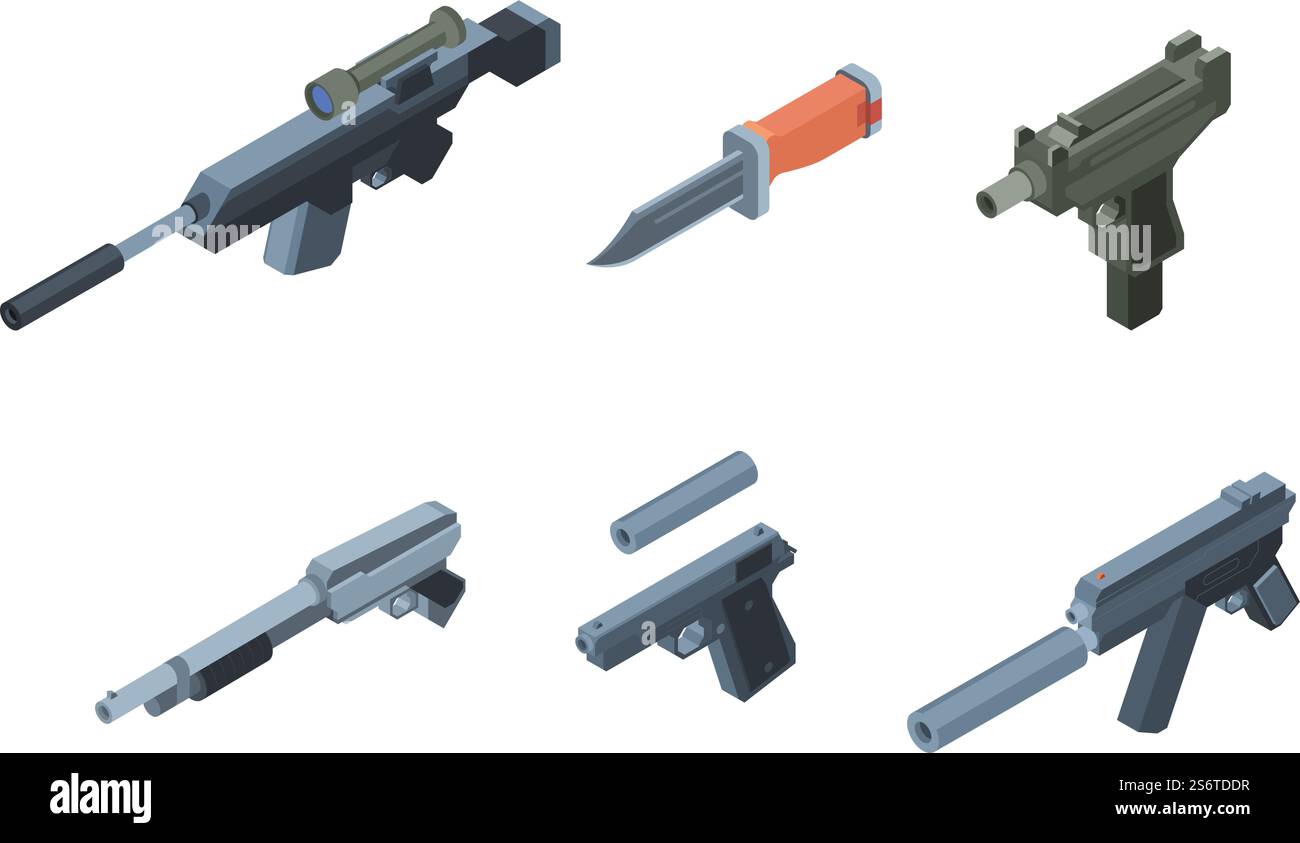 Armes isométriques. Armes à feu automatiques pour les guerriers équipement de soldats modernes pour les explosions Garish vecteur différentes armes. Arme automatique et pistolet isométrique, pistolet et couteau. Armes isométriques. Armes à feu automatiques pour les guerriers équipement de soldats modernes pour les explosions Garish vecteur différentes armes Illustration de Vecteur