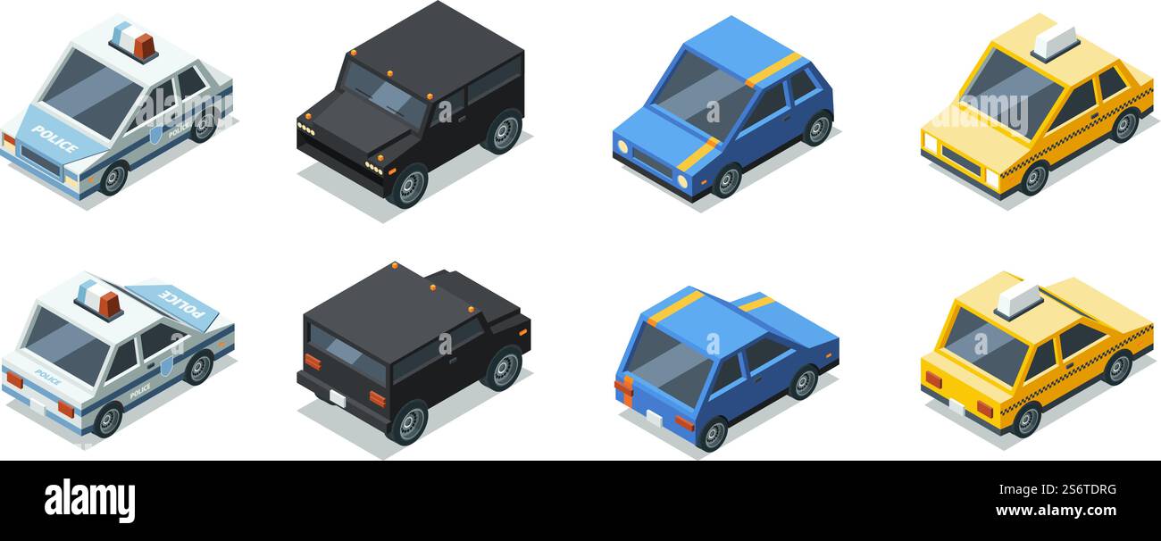 Voitures isométriques. Les vues latérales avant et arrière des véhicules urbains imprègnent les illustrations de transport vectoriel. Véhicule de voiture modèle, taxi de transport et police. Voitures isométriques. Les vues latérales avant et arrière des véhicules urbains imprègnent les illustrations de transport vectoriel Illustration de Vecteur