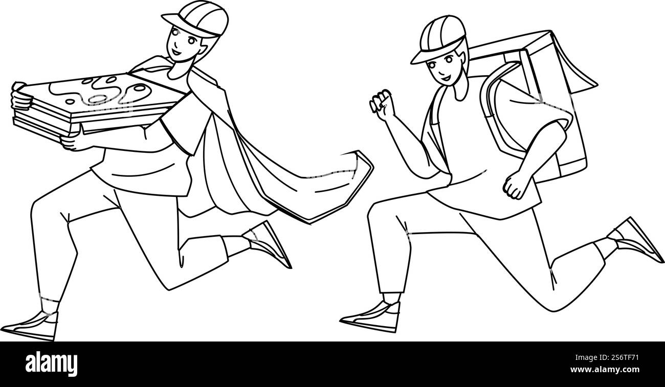 service de messagerie de livreur. boite pour aliments. Vecteur de dessin au crayon Black Line. commande rapide. livrez garçon. Illustration Web de personnage de personne express de paquet. vecteur de l'homme d'accouchement Illustration de Vecteur