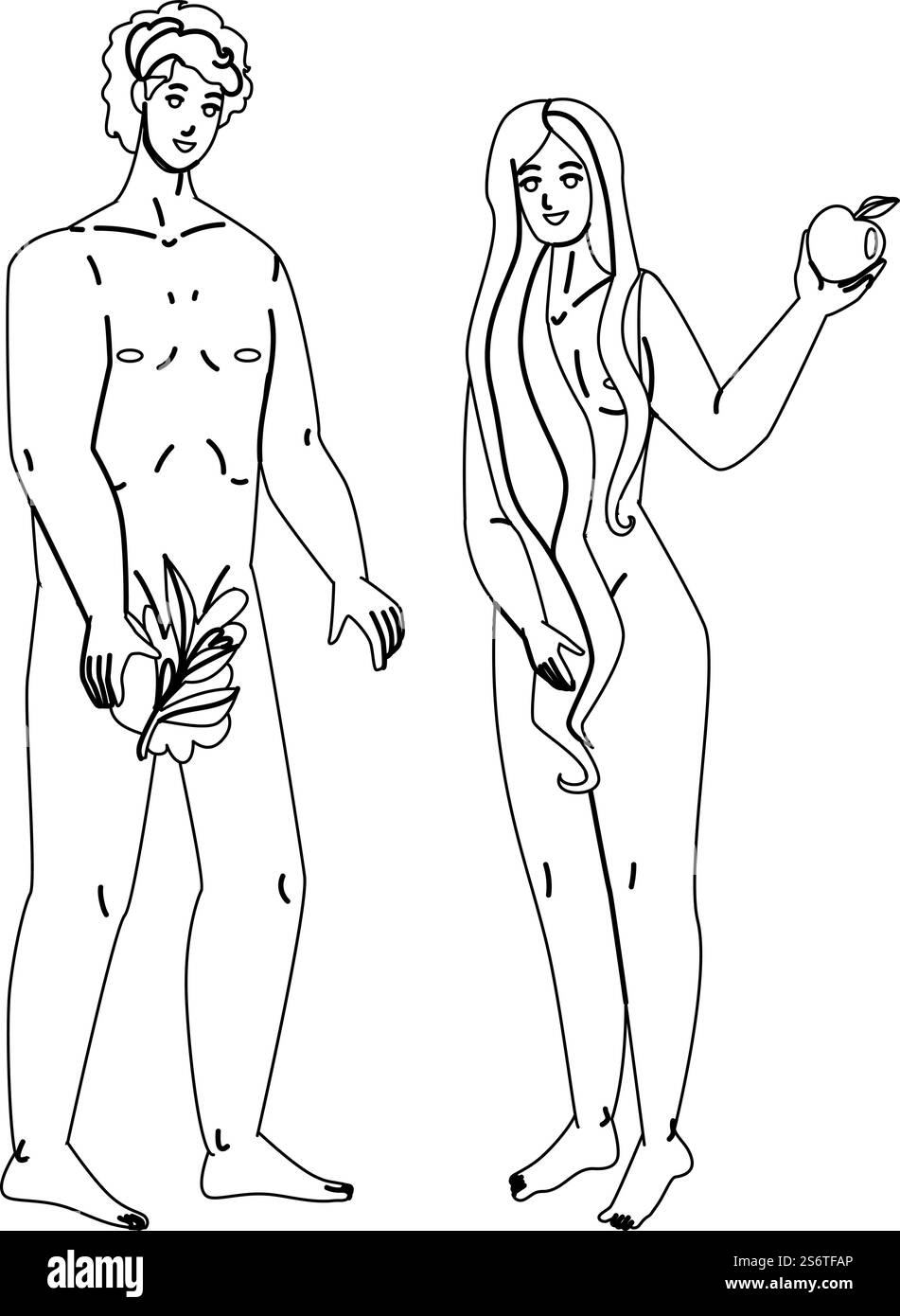 Adam et Eve debout ensemble dans Paradise Black Line crayon dessin vecteur. Adam et Eve tenant Tree Leaf et Apple fruit se tiennent ensemble à Eden. Personnages religieux homme et femme illustration. Adam et Eve debout ensemble dans Paradise Vector Illustration de Vecteur