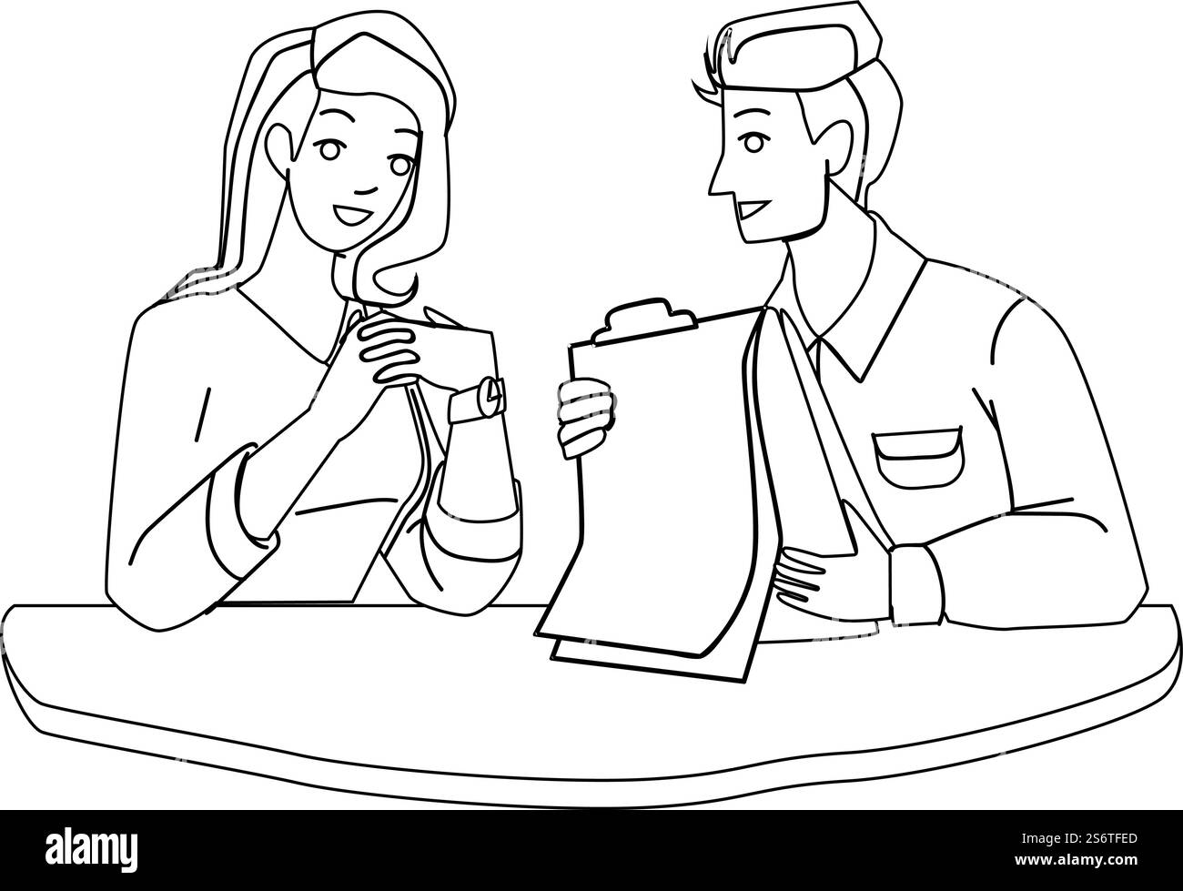 Business Chat communication homme et femme Black Line crayon dessin vecteur. Jeune homme d'affaires et femme d'affaires Chat d'affaires sur la réunion ou la conférence. Personnages parlant ensemble illustration. Business Chat communication homme et femme vecteur Illustration de Vecteur