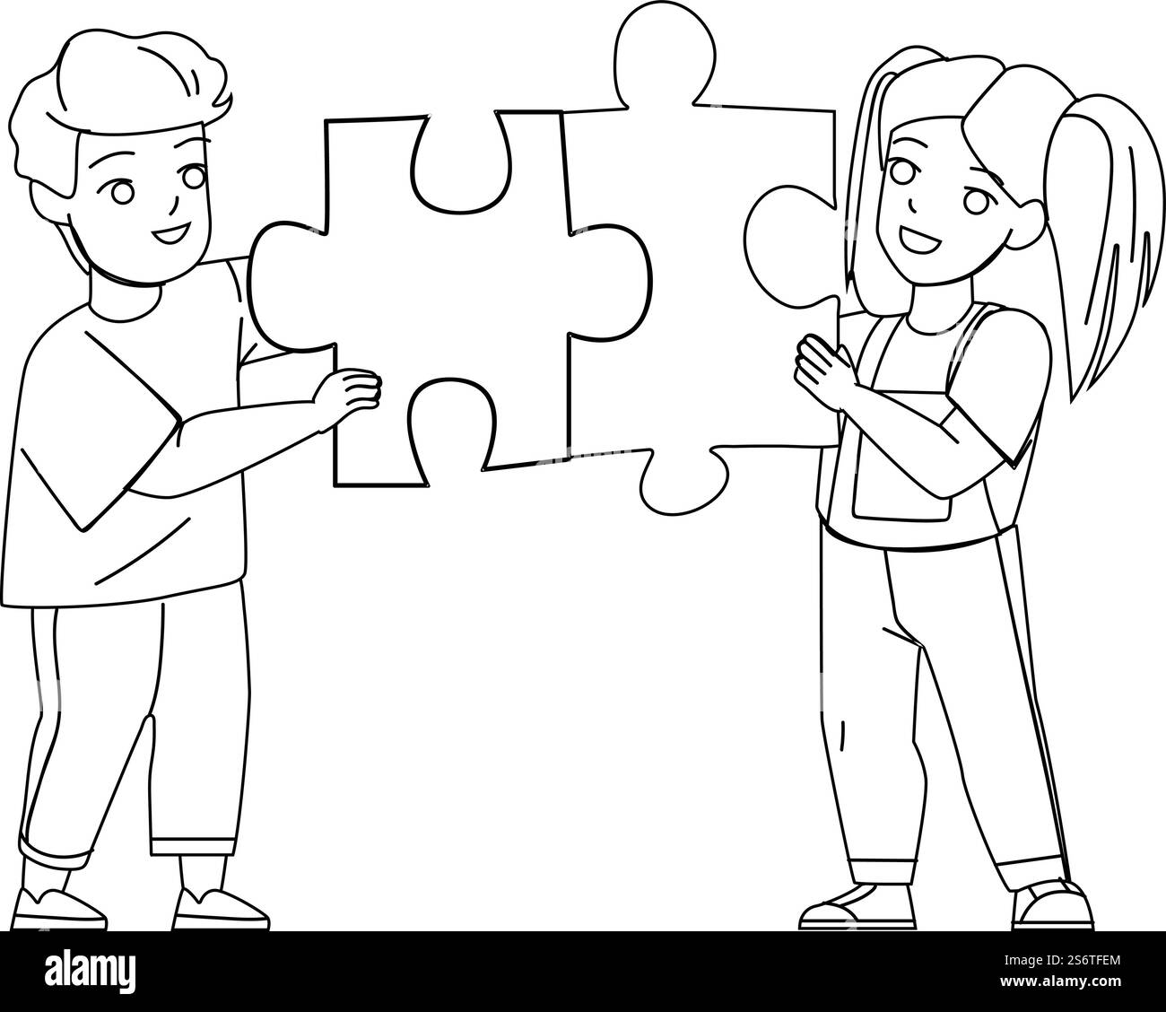 Garçon et fille enfants jouant Puzzle ensemble Black Line Pencil Drawing Vector. Écolier et écolière enfants jouer Puzzle jeu éducatif ensemble. Personnages Funny Leisure Time illustration. Garçon et fille enfants jouant Puzzle ensemble vecteur Illustration de Vecteur
