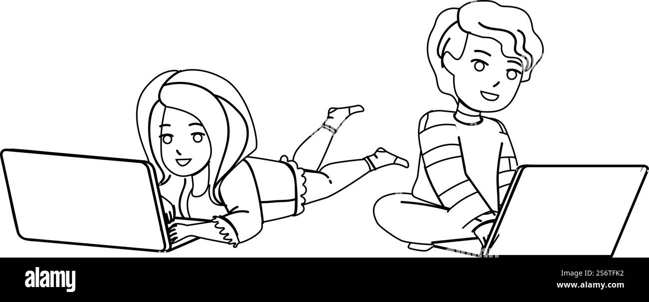 Garçon et fille enfants jouant sur l'ordinateur portable Black Line crayon dessin vecteur. Écolier et écolière enfants jouer au jeu vidéo ou leçon d'éducation sur ordinateur. Caractères à l'aide de l'illustration de périphérique numérique. Garçons et filles enfants jouant sur Laptop Vector Illustration de Vecteur