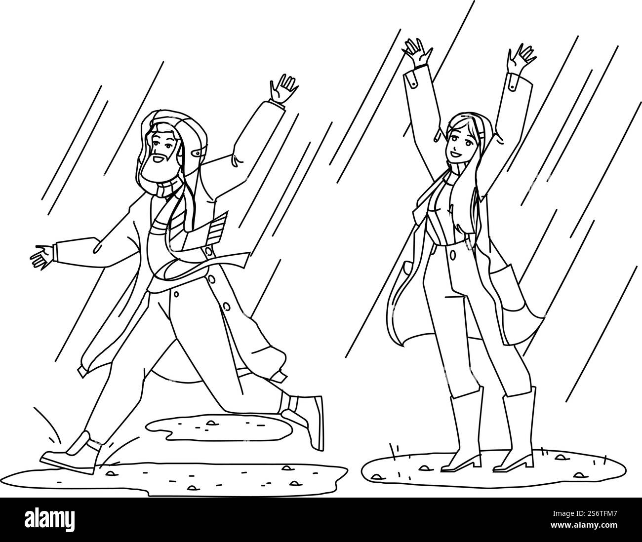 Imperméable portant l'homme et la femme dans Rainy Day Black Line crayon Drawing Vector. Joyeux garçon et fille dans les vêtements Raincoat courir et profiter de la pluie temps extérieur. Personnages appréciant l'illustration extérieure. Imperméable portant homme et femme dans Rainy Day Vector Illustration de Vecteur