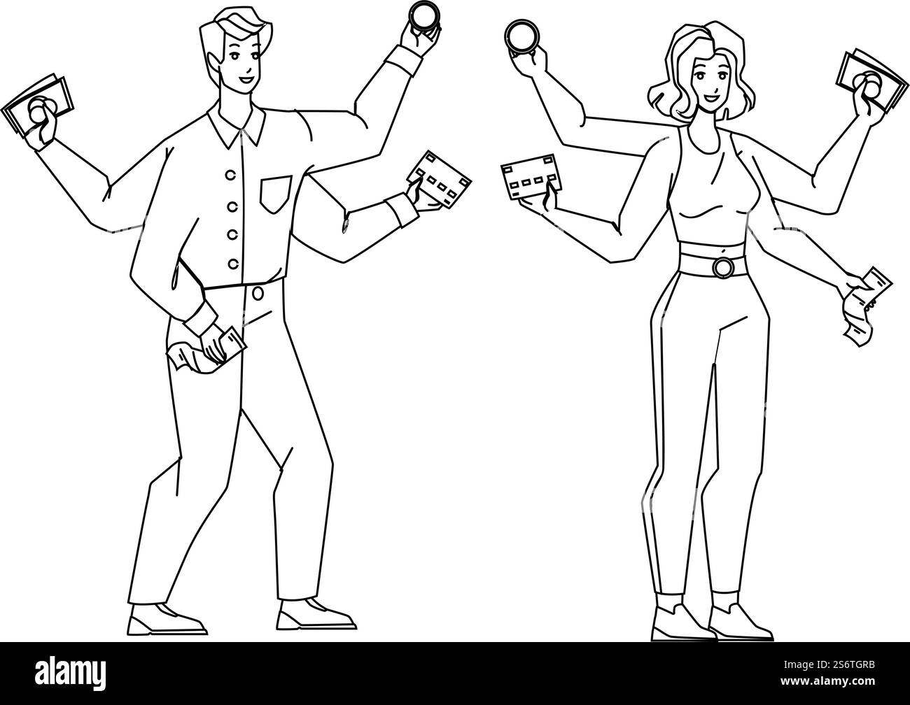 Options de paiement pour acheter des marchandises dans Shop Black Line Pencil Drawing Vector. Homme et femme tenant carte de crédit et argent comptant, payer chèque et crypto monnaie coin, Options de paiement pour payer.. Options de paiement pour acheter des marchandises dans Shop Vector Illustration de Vecteur