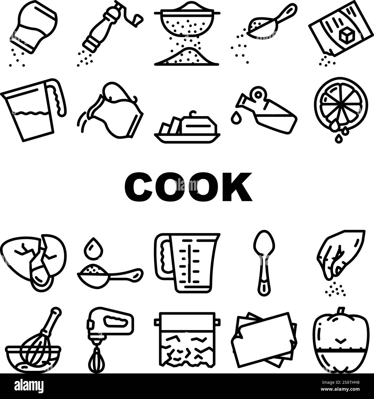 Instructions de cuisson pour préparer le vecteur d'ensemble d'icônes de nourriture. Poivre et sel, lait et sucre Ajouter, en ajoutant de l'huile d'olive et de l'eau dans le plat, jus de citron et épices Cook instructions Black contour illustrations. Instructions de cuisson pour préparer le vecteur d'ensemble d'icônes de nourriture Illustration de Vecteur