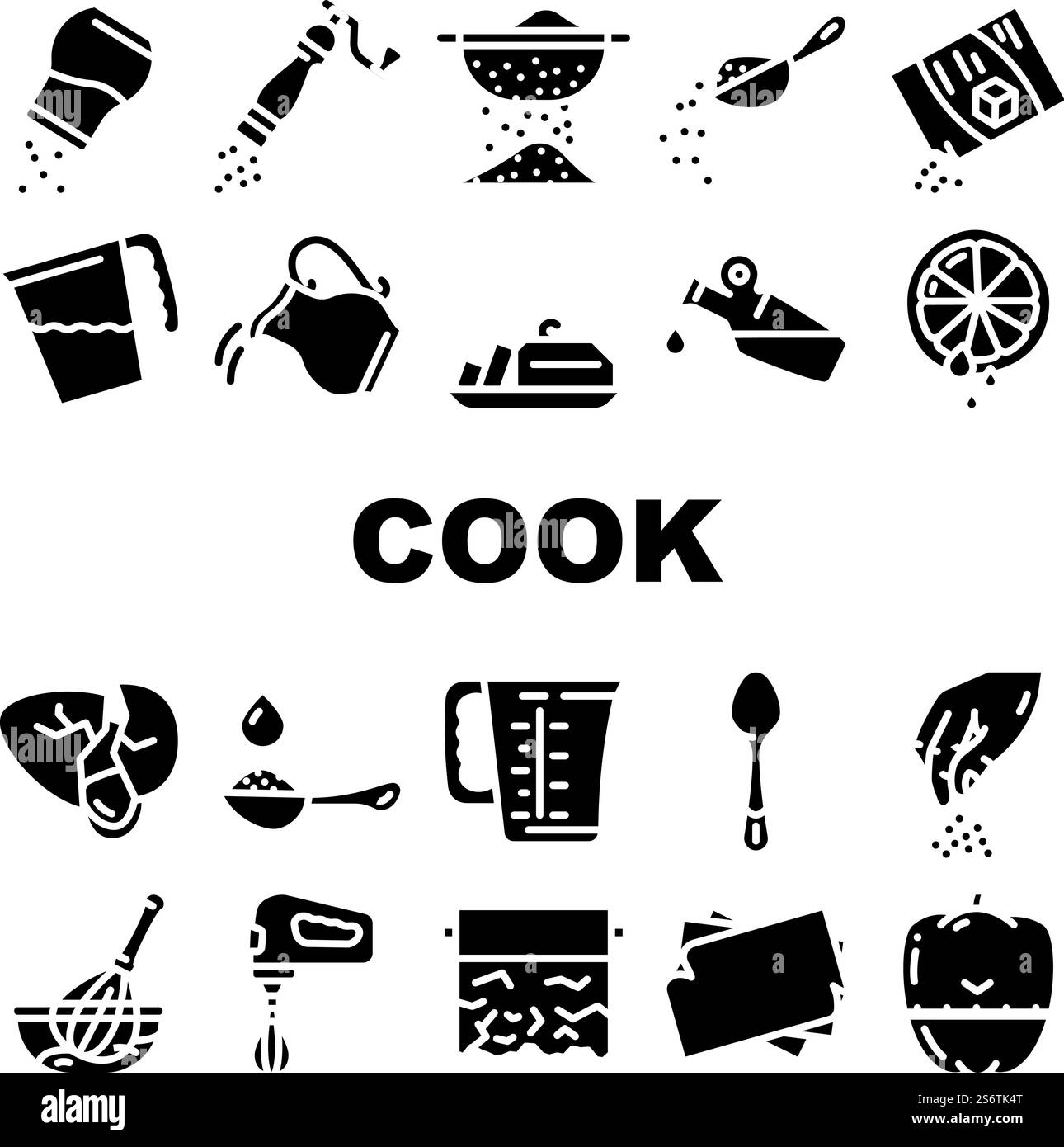 Instructions de cuisson pour préparer le vecteur d'ensemble d'icônes de nourriture. Poivre et sel, lait et sucre Ajouter, en ajoutant de l'huile d'olive et de l'eau dans le plat, jus de citron et épices instructions pictogrammes glyphes illustrations noires. Instructions de cuisson pour préparer le vecteur d'ensemble d'icônes de nourriture Illustration de Vecteur