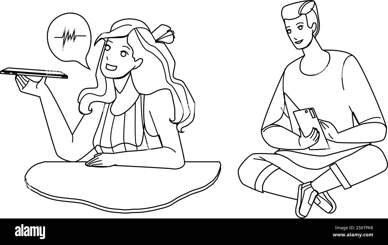 Homme et femme envoyant un message sur le téléphone Black Line crayon dessin vecteur. Garçon tapant SMS et fille Envoyer un message vocal à un ami sur smartphone. Characters Device application pour la communication. Homme et femme envoyant un message sur le vecteur de téléphone Illustration de Vecteur