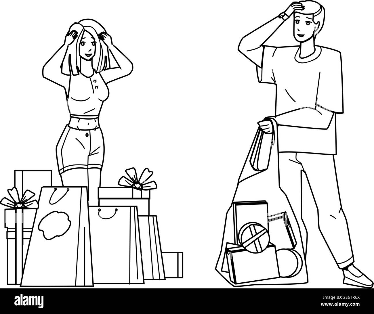 Habitudes d'achat des clients homme et femme Black Line crayon dessin vecteur. Clients garçon et fille achetant des cadeaux pour Noël ou anniversaire événement célébratif, habitudes et processus d'achat. Caractère. Habitudes d'achat des clients homme et femme vecteur Illustration de Vecteur Habitudes d'achat des clients homme et femme Black Line crayon dessin vecteur. Clients garçon et fille achetant des cadeaux pour Noël ou anniversaire événement célébratif, habitudes et processus d'achat. Caractère. Habitudes d'achat des clients homme et femme vecteur Illustration de Vecteur