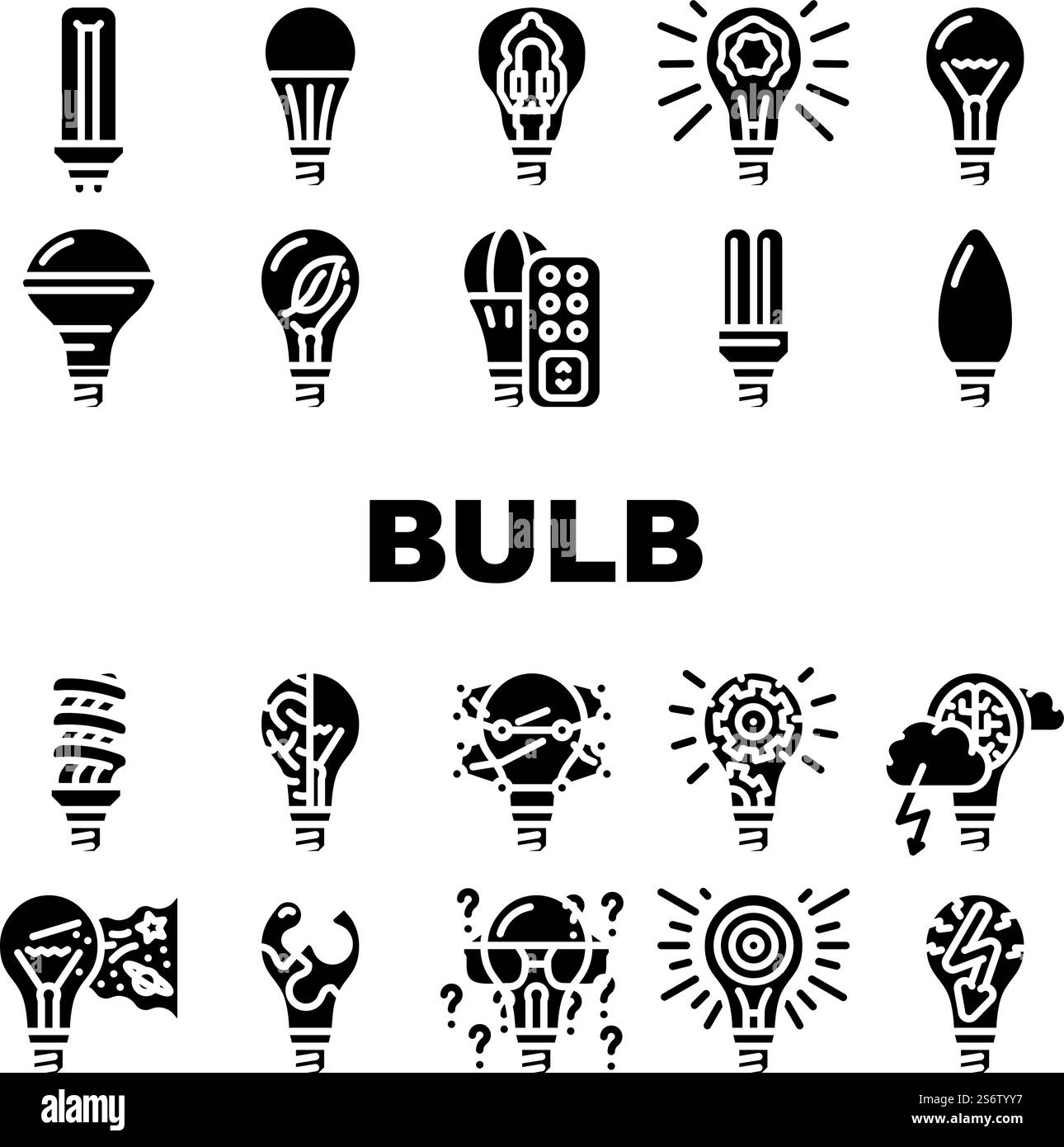 Éclairage par ampoule icônes d'accessoires électriques Set Vector. Ampoule fluorescente et halogène, LED et équipement d'électricité économisant de l'énergie. Electric innovation Technology pictogrammes glyphes illustrations noires. Éclairage par ampoule icônes d'accessoires électriques Set Vector Illustration de Vecteur