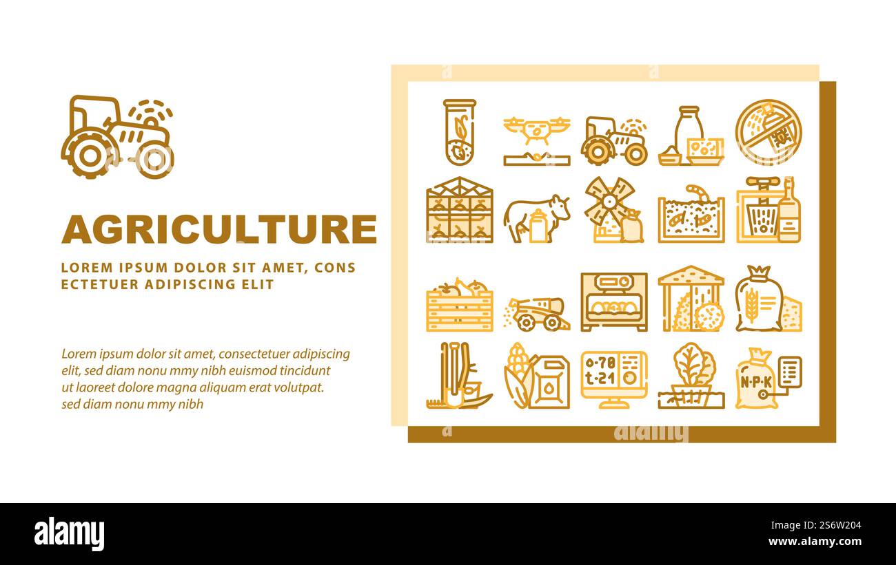 Agriculture Farmland Business Landing page Web Header bannière modèle vecteur. Construction de ferme de moulin et de serre, drone pour planter des plantes et des tracteurs avec GPS, illustration de récolte agricole. Agriculture Farmland Business Landing Header Vector Illustration de Vecteur